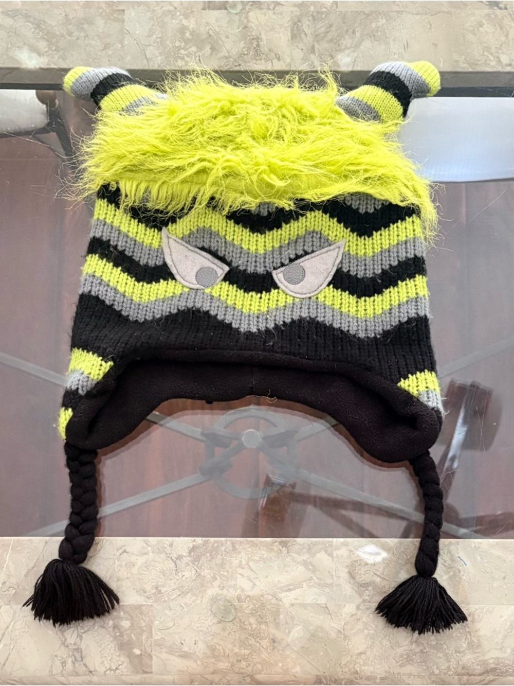 Boys Monster Knit Beanie Hat Neon Black Tassel Winter Hat